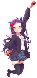 Rule 34 | 1girl, :d, arm up, artist request, black cardigan, black thighhighs, blush, brown footwear, cardigan, dual wielding, flower, full body, grey skirt, grin, hair flower, hair ornament, hanayamata, hand up, highres, holding, holding instrument, instrument, jumping, legs up, loafers, long hair, long sleeves, looking at viewer, miniskirt, naruko (instrument), neckerchief, official art, open mouth, pink eyes, plaid, plaid skirt, pleated skirt, purple hair, red flower, red rose, rose, sailor collar, sasame yaya, school uniform, second-party source, serafuku, shirt, shoes, sidelocks, simple background, skirt, smile, solo, thighhighs, transparent background, very long hair, white neckerchief, white sailor collar, white shirt, zettai ryouiki