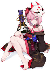 Rule 34 | 1girl, arm support, babyg wong, bare shoulders, barefoot, black kimono, blunt bangs, bottle, dress, feet, flower, fox mask, full body, hair flower, hair ornament, highres, hololive, hololive english, japanese clothes, kimono, knees together feet apart, knees up, legs, looking at viewer, mask, mori calliope, mori calliope (new year), nail polish, off-shoulder dress, off shoulder, official alternate costume, pink eyes, pink hair, print kimono, red nails, shiny skin, short hair, sitting, solo, toenail polish, toenails, toes, virtual youtuber, white background