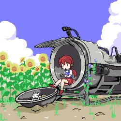 Rule 34 | 13th coffin, 1girl, camera, cat, cloud, corrugated galvanised iron sheet, day, dithering, flower, jaggy lines, low ponytail, lowres, oekaki, original, plant, red footwear, red skirt, security camera, sitting, skirt, smile, solo, sunflower, vines