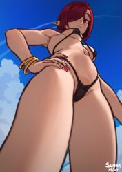 Rule 34 | 1girl, artist name, bikini, black bikini, blue sky, bracelet, breasts, closed mouth, dated, day, fingernails, from below, hand on own hip, highres, jewelry, long fingernails, looking at viewer, looking down, medium breasts, original, pointy ears, red eyes, red hair, red nails, short hair, sky, solo, sunna (nilsunna), swimsuit