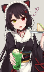 Rule 34 | 1girl, absurdres, animal ears, apron, black collar, black hair, black kimono, blush, cherry, collar, commentary request, cup, dog ears, dog hair ornament, fang, flower, food, frills, fruit, grey background, hair flower, hair ornament, hand up, heart, heterochromia, highres, holding, holding cup, holding tray, inui toko, japanese clothes, kimono, kirikan (cokekiri), long hair, long sleeves, looking at viewer, low twintails, maid, maid headdress, nijisanji, obi, open mouth, outstretched arm, red eyes, revision, sandwich, sash, smile, solo, spoon, tray, twintails, virtual youtuber, wa maid, waist apron, yellow eyes