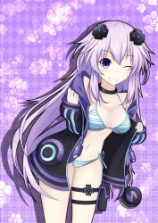 Rule 34 | 1girl, ;d, absurdres, adult neptune, bare shoulders, black choker, blush, bra, breasts, choker, d-pad, d-pad hair ornament, floral background, grin, hair between eyes, hair ornament, highres, holster, hood, hooded jacket, jacket, leaning forward, long hair, medium breasts, navel, nepsuka (hachisuka), neptune (series), off shoulder, one eye closed, open clothes, open jacket, open mouth, panties, purple background, shin jigen game neptune vii, smile, solo, striped bra, striped clothes, striped panties, thigh strap, underwear, undressing, usb, very long hair