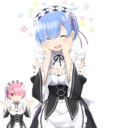 Rule 34 | 10s, 2girls, ^ ^, apron, black dress, blue hair, blush, breasts, closed eyes, commentary request, detached sleeves, dress, frills, goribote, hair ornament, hair over one eye, hands on own cheeks, hands on own face, jitome, looking at viewer, maid, maid apron, maid headdress, multiple girls, pink hair, ram (re:zero), re:zero kara hajimeru isekai seikatsu, red eyes, rem (re:zero), ribbon, ribbon-trimmed clothes, ribbon-trimmed collar, ribbon trim, short hair, siblings, sisters, small breasts, twins, x hair ornament