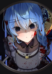 Rule 34 | 1girl, absurdres, axe, blood, blood in hair, blood on clothes, blood on face, blue hair, blush, crazy eyes, dark eye, highres, holding, holding axe, holding weapon, hololive, hoshimachi suisei, hoshimachi suisei (maid), kurenaiaoi0, official alternate costume, smile, solo, virtual youtuber, weapon