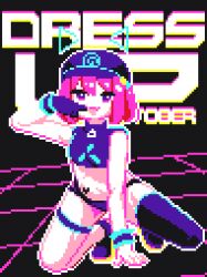 Rule 34 | 1girl, animated, animated gif, black background, english text, gloves, hat, looking at viewer, lynte, midriff, original, pink hair, pixel art, purple eyes, purple gloves, purple thighhighs, short hair, simple background, single glove, single thighhigh, solo, thighhighs