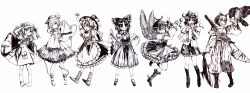 Rule 34 | 6+girls, absurdres, adapted costume, ajirogasa, alternate costume, animal ears, apron, armband, ascot, backpack, bag, bird, bird wings, blouse, boots, bow, braid, breasts, cabbie hat, clenched hand, detached sleeves, diamond (gemstone), dress, floral print, frilled apron, frilled bow, frilled dress, frilled legwear, frilled skirt, frilled sleeves, frills, gohei, grin, hair tubes, hakama, hakama pants, hakurei reimu, hand on own hip, hand up, hat, hat bow, hat ribbon, hawk, head tilt, heart, heart of string, highres, holding, holding clothes, holding hat, inubashiri momiji, japanese clothes, kawashiro nitori, key, kirisame marisa, knee boots, komeiji koishi, leaf print, leg up, long hair, long sleeves, looking at viewer, medium breasts, monochrome, multiple girls, mushroom (osh320), mystia lorelei, no wings, one eye closed, open mouth, pants, pen, playing with own hair, pleated skirt, pocket, pointy ears, pom pom (clothes), puffy long sleeves, puffy short sleeves, puffy sleeves, red eyes, ribbon, ribbon-trimmed skirt, ribbon trim, rose print, rubber boots, sandals, scarf, shameimaru aya, sheath, sheathed, shirt, short hair, short sleeves, simple background, single braid, skirt, skirt set, sleeveless, sleeveless dress, sleeveless shirt, sleeves past wrists, small breasts, smile, socks, spot color, tabi, teeth, third eye, tokin hat, touhou, traditional media, turtleneck, two side up, untucked shirt, unworn hat, unworn headwear, vest, waist apron, white background, wings, witch hat, wolf ears, zouri