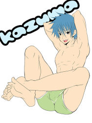 Rule 34 | 1boy, abs, arms behind head, barefoot, blue hair, briefs, character name, feet, male focus, male underwear, muscular, nipples, pectorals, sakuraprin, shindou kazuma, simple background, smile, soles, solo, toes, underwear, white background