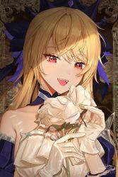 Rule 34 | 1girl, absurdres, artist name, bare shoulders, blonde hair, detached sleeves, dress, fischl (ein immernachtstraum) (genshin impact), fischl (genshin impact), frilled dress, frills, genshin impact, gloves, hair ribbon, happy, highres, looking at viewer, no eyepatch, official alternate costume, open mouth, purple ribbon, red eyes, renberry, ribbon, sidelocks, smile, solo, teeth, upper body, upper teeth only, white gloves