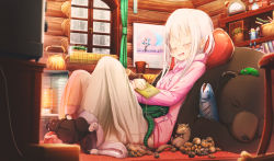 Rule 34 | 1girl, :d, aiuabo, albino, animal, animal on lap, basket, bear, black cat, blanket, blush, book, cat, chipmunk, closed eyes, commentary request, cup, dragon, drawstring, fish, frog, heater, highres, holding, holding book, hood, hood down, hoodie, indoors, knees up, log cabin, long hair, long sleeves, mug, nut (food), on lap, open mouth, original, painting (object), pillow, pink hoodie, plant, potted plant, shelf, sitting, sleeping, smile, snowing, solo, squirrel, teapot, vase, wallpaper, white hair, window, winter