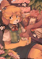 Rule 34 | 1girl, animal, animal crossing, animal ears, animal nose, bell, blonde hair, body fur, brown eyes, bug, butterfly, chair, cup, desk, digby (animal crossing), dog ears, dog girl, dog tail, flower, furry, furry female, hair bell, hair ornament, highres, holding, holding cup, indoors, bug, isabelle (animal crossing), miniskirt, neck ribbon, nintendo, parted lips, pencil skirt, photo (object), picture frame, plaid, plaid vest, ribbon, rose, sherwind, shirt, short hair, sitting, skirt, smile, snout, solo, steam, tail, topknot, vest, window, yellow fur