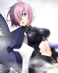 Rule 34 | 1girl, :o, armor, armpits, bare shoulders, black gloves, breasts, clothing cutout, covered erect nipples, elbow gloves, fate/grand order, fate (series), faulds, fog, gloves, hair over one eye, highres, impossible clothes, large breasts, mash kyrielight, multicolored clothes, multicolored gloves, navel, navel cutout, onsoku inu, pink hair, purple eyes, purple gloves, shield, shiny clothes, short hair, solo