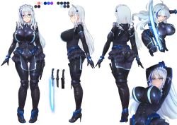 Rule 34 | absurdres, ass, blue hair, bodysuit, boots, breasts, character sheet, cross-laced footwear, glasses, high heel boots, high heels, highres, huge breasts, knee boots, lace-up boots, light blue hair, maid headdress, mimoza (96mimo414), multiple views, skin tight, sword, weapon