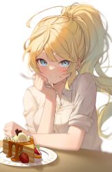 Rule 34 | 1girl, absurdres, ahoge, blue eyes, breasts, cake, cake slice, closed mouth, collared shirt, commentary, commission, food, food on face, fork, fruit, hand up, highres, holding, holding fork, jenna (jenna0108je), korean commentary, large breasts, light blush, long hair, looking at viewer, original, plate, ponytail, shirt, short sleeves, simple background, solo, strawberry, table, upper body, white background, white shirt