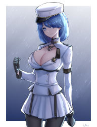 Rule 34 | 1girl, absurdres, azur lane, black gloves, blue eyes, blue hair, breasts, chapayev (azur lane), cleavage, collarbone, commentary request, eyes visible through hair, gloves, hat, highres, jacket, large breasts, looking at viewer, military hat, pantyhose, peaked cap, pleated skirt, short hair, skirt, smile, solo, unique (pixiv12704744), white hat, white jacket, white skirt