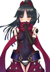 Rule 34 | 1girl, absurdres, black hair, blush, bow, breasts, covered mouth, fate/grand order, fate (series), hair bow, highres, katou danzou (fate), looking away, medium breasts, ponytail, red bow, red scarf, scarf, solo, suiroh (shideoukami), yellow eyes