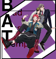 Rule 34 | 3boys, absurdres, aimono jyushi, amaguni hitoya, bad ass temple, bad id, bad pixiv id, belt, black nails, boots, brown hair, hair over one eye, harai kuko, highres, hypnosis mic, jacket, jewelry, letterman jacket, long hair, male focus, multicolored clothes, multicolored hair, multicolored jacket, multiple boys, nail polish, necktie, pokosuka, pompadour, red footwear, red hair, red neckwear, ring, shoes, sneakers, two-tone jacket
