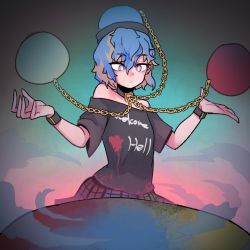 Rule 34 | 1girl, bare shoulders, black choker, black shirt, blue background, blue eyes, blue hair, blue skirt, breasts, chain, choker, clothes writing, commentary request, cowboy shot, ear piercing, earth (ornament), gradient background, green skirt, hair between eyes, hands up, hecatia lapislazuli, hecatia lapislazuli (earth), highres, korean commentary, looking at viewer, miniskirt, moon (ornament), multicolored clothes, multicolored skirt, nyong nyong, off-shoulder shirt, off shoulder, piercing, pink background, plaid, plaid skirt, red skirt, shirt, short hair, short sleeves, skirt, small breasts, solo, t-shirt, touhou, wristband