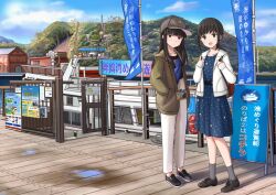 Rule 34 | 2girls, backpack, bag, baseball cap, black footwear, black hair, blue dress, blunt bangs, boat, building, camera, camera around neck, cloud, commentary request, day, dress, fubuki (kancolle), green eyes, grey socks, hat, hatsuyuki (kancolle), high-waist pants, hime cut, hitakikan, jacket, kantai collection, long hair, long sleeves, looking at viewer, low ponytail, multiple girls, official alternate costume, open clothes, open jacket, open mouth, outdoors, pants, ponytail, shoes, sign, sky, socks, standing, watercraft, white jacket, white pants