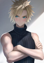 Rule 34 | 1boy, biceps, black sweater, blonde hair, blue eyes, blush, cloud strife, crossed arms, final fantasy, final fantasy vii, final fantasy vii remake, highres, imizu (nitro unknown), looking away, male focus, ribbed sweater, shaded face, short hair, sleeveless, sleeveless turtleneck, solo, spiked hair, sweatdrop, sweater, turtleneck