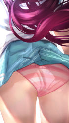 Rule 34 | 1girl, absurdres, aqua skirt, ass, clothes lift, from behind, getto, head out of frame, highres, hololive, hololive english, irys (hololive), long hair, panties, pantyshot, pink hair, pink panties, shirt, skirt, skirt lift, solo, striped clothes, striped panties, thigh gap, underwear, virtual youtuber, white shirt