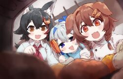 3girls ahoge amane_kanata animal_ears ascot black_hair braid bread bread_hair_ornament brown_eyes brown_hair dog_ears fangs food food-themed_hair_ornament grey_hair hair_ornament hashiguma holding holding_tongs hololive inugami_korone multiple_girls ookami_mio oven_mitts purple_eyes tongs twin_braids virtual_youtuber wolf_ears yellow_ascot