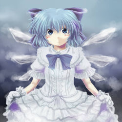 Rule 34 | 1girl, alternate costume, bad id, bad pixiv id, blue eyes, blue hair, blush, bow, cirno, clothes lift, curtsey, dress, dress lift, embarrassed, female focus, frills, gloves, gradient background, hair bow, kakkou, lace, lolita fashion, matching hair/eyes, short hair, solo, touhou, wings