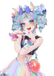 Rule 34 | 1girl, :d, absurdres, animal ears, bad id, bad pixiv id, bare shoulders, beads, black shirt, blue eyes, blue hair, contrapposto, crop top, drill hair, earrings, eyelashes, eyeshadow, fangs, glitch, hair ornament, hairclip, hands up, head tilt, heart, heart arms, highres, horns, jewelry, long hair, looking at viewer, makeup, midriff, multicolored hair, nail art, nail polish, navel, ohisashiburi, open mouth, piercing, pink hair, purple hair, red nails, shining star, shirt, simple background, single horn, sleeveless, sleeveless shirt, smile, solo, standing, stomach, tongue piercing, twin drills, twintails, unicorn, upper body, white background