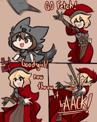 Rule 34 | 2girls, absurdres, armor, barking, blonde hair, brown gloves, brown hair, centurii-chan, centurii-chan (artist), cloak, closed eyes, comic, english text, fetch, gloves, greco-roman clothes, highres, javelin (spear), motion blur, multiple girls, open mouth, original, plume, red cloak, roman clothes, single glove, velites (centurii-chan)