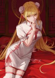 Rule 34 | 1girl, absurdres, arm support, blonde hair, bun cover, china dress, chinese clothes, closed mouth, dress, highres, long hair, looking at viewer, monogatari (series), nemo ringo, oshino shinobu, pointy ears, solo, thighhighs, white dress, white thighhighs, yellow eyes