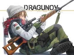 Rule 34 | 1girl, american flag, beanie, black footwear, black vest, boots, brown eyes, brown hair, combat boots, commentary request, covered mouth, dragunov svd, emblem, english text, fingerless gloves, from side, gloves, green gloves, green pants, grey hat, gun, hat, holding, holding weapon, holster, knee pads, knife, original, pants, patch, red scarf, rifle, scarf, scope, short hair, shoulder patch, sitting, sniper rifle, solo, striped clothes, striped scarf, sweater, tactical clothes, thigh holster, towarai, vest, weapon, white background, white sweater