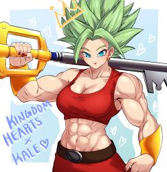 Rule 34 | 1girl, absurdres, blue eyes, bracer, breasts, cleavage, crown, disney, dragon ball, dragon ball super, earrings, female focus, green hair, heart, highres, jewelry, kale (dragon ball), keyblade, kingdom hearts, large breasts, lipstick, looking at viewer, makeup, medium hair, muscular, muscular female, nail polish, navel, pea-bean, solo, spiked hair, square enix