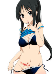 Rule 34 | 1girl, akiyama mio, applying makeup, artist name, black hair, blue bow, blue bra, blue nails, blue panties, blush, body writing, bow, bow panties, bra, breasts, camisole, cleavage, clothes lift, cosmetics, cowboy shot, grey eyes, holding, holding lipstick, k-on!, lipstick, lipstick tube, long hair, looking at viewer, makeup, medium breasts, nail polish, navel, official style, panties, parted lips, ponytail, ragho no erika, shirt lift, side-tie panties, signature, simple background, solo, strap slip, underwear, underwear only, untied panties, white background