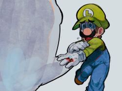 Rule 34 | 1boy, baseball cap, blood, blood on hands, blue pants, crying, crying with eyes open, gloom (expression), gloves, green hat, green shirt, hat, highres, jewelry, king boo, kouwelm, luigi, luigi&#039;s mansion, male focus, mario (series), nintendo, overalls, pants, ring, shirt, shoes, tears, wedding ring, white gloves