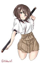 Rule 34 | 10s, 1girl, arm behind head, arm up, bad id, bad twitter id, blush, breasts, brown eyes, brown hair, brown skirt, cowboy shot, cropped legs, ebifurya, eyebrows, highres, holding, holding sword, holding weapon, hyuuga (kancolle), inactive account, kantai collection, katana, long hair, medium breasts, open mouth, scabbard, sheath, sheathed, short sleeves, simple background, skirt, smile, solo, sword, twitter username, two-handed, undershirt, weapon, white background, wide sleeves