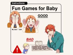 Rule 34 | 1girl, 2boys, annette fantine dominic, baby, blonde hair, blue shirt, blush, board game, chess, chess piece, chessboard, collared shirt, commentary, covering face, dated, english commentary, english text, fire emblem, fire emblem: three houses, grey background, head rest, long sleeves, looking at viewer, meme, multiple boys, multiple views, nintendo, open mouth, orange hair, palms, peekaboo, red hair, shirt, short hair, sign, simple background, smile, sylvain jose gautier, twitter username, warning sign, z hard