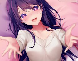 Rule 34 | 1girl, :d, bed sheet, blurry, blush, breasts, chromatic aberration, collarbone, commentary, depth of field, eyelashes, foreshortening, full-face blush, hair between eyes, head tilt, hoshino ai (oshi no ko), large breasts, long hair, long sleeves, looking at viewer, lying, on back, open mouth, oshi no ko, outstretched arms, pov, purple eyes, purple hair, reaching, reaching towards viewer, rimuu, round teeth, sidelocks, smile, solo, star-shaped pupils, star (symbol), sweater, symbol-only commentary, symbol-shaped pupils, teeth, upper teeth only, very long hair, white sweater