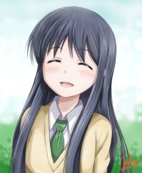 Rule 34 | 10s, 1girl, 2013, :d, ^ ^, arms behind back, artist name, black hair, blurry, blush, cardigan, closed eyes, collared shirt, dated, depth of field, green necktie, highres, kem kem, long hair, love lab (manga), maki natsuo, necktie, open mouth, outdoors, school uniform, shirt, signature, smile, solo, upper body, white shirt, wing collar