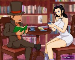 Rule 34 | 1boy, 1girl, book, breasts, cup, curvy, dress, hat, hershel layton, highres, holding, holding cup, large breasts, metalytar, nico robin, one piece, professor layton, sitting, sunglasses, top hat, white dress