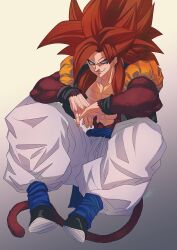 1boy abs absurdres blue_leg_warmers blue_sash body_fur dragon_ball dragon_ball_gt gogeta highres leg_warmers long_hair looking_at_viewer male_focus metamoran_vest monkey_boy monkey_tail muscular muscular_male pants pectorals red_fur sash solo spiked_hair super_saiyan super_saiyan_4 tail yuuri_(fukuroudou)