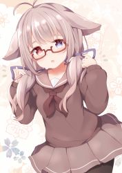 Rule 34 | 1girl, absurdres, animal ears, black pantyhose, blue eyes, glasses, heterochromia, highres, looking at viewer, open mouth, pantyhose, red eyes, school uniform, skirt, solo, tutsucha illust, twintails, white hair