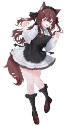 Rule 34 | 1girl, :d, absurdres, animal ear fluff, animal ears, apron, black apron, black ribbon, black socks, bobby socks, bow, chamu (kohaku sogo), fang, floating hair, hair ribbon, highres, kneehighs, kohaku sogo, loafers, maid, maid apron, maid headdress, open mouth, original, ribbon, shoes, simple background, skin fang, smile, socks, solo, tail, tail bow, tail ornament, two side up, white background, white bow, wolf ears, wolf girl, wolf tail