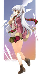Rule 34 | 1girl, animal ears, ass, bad id, bad pixiv id, boots, brown eyes, brown footwear, cellphone, christmas, coat, cross-laced footwear, fang, full body, gloves, highres, juna, lace-up boots, legs, long hair, looking at viewer, miniskirt, original, panties, phone, plaid, plaid skirt, scarf, skirt, solo, striped clothes, striped scarf, underwear, upskirt, white hair, winter clothes