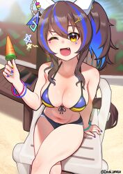 Rule 34 | 1girl, absurdres, alternate costume, animal ears, beach, bikini, blue bikini, blue hair, bracelet, breasts, brown hair, cleavage, colored inner hair, commentary request, crossed legs, daitaku helios (umamusume), dochi uma564, ear covers, ear piercing, fang, food, front-tie bikini top, front-tie top, hair between eyes, hair ornament, hairclip, highres, holding, holding food, holding popsicle, horse ears, horse girl, horse tail, jewelry, large breasts, long hair, multicolored hair, multicolored nails, nail polish, navel, on chair, one eye closed, open mouth, outdoors, piercing, popsicle, sand, side ponytail, sitting, smile, solo, streaked hair, striped bikini, striped clothes, swimsuit, tail, twitter username, umamusume, yellow bikini, yellow eyes