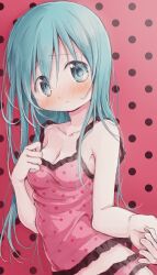 Rule 34 | 1girl, :&lt;, aqua eyes, aqua hair, blush, breasts, camisole, cleavage, embarrassed, frilled camisole, frills, full-face blush, hair down, hand on own chest, hatsune miku, head tilt, highres, hitode, holding hands, messy hair, midriff, pink background, pink camisole, polka dot, polka dot background, polka dot camisole, pov, pov hands, romeo to cinderella (vocaloid), small breasts, solo focus, strap, vocaloid