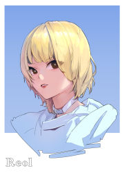 Rule 34 | 1girl, absurdres, blonde hair, blue background, brown eyes, choker, commentary, highres, jacket, looking at viewer, parted lips, portrait, real life, red lips, reol, rocher-hd, short hair, simple background, solo, utaite, white background, white choker, white jacket