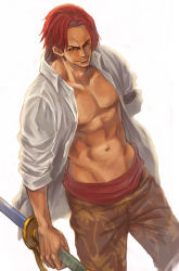 Rule 34 | 1boy, amputee, arisue kanako, facial hair, male focus, muscular, one piece, open clothes, open shirt, red hair, sash, scar, shanks (one piece), shirt, simple background, solo, sword, weapon, white background, white shirt