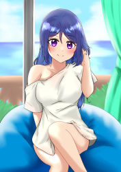 Rule 34 | 1girl, alternate hairstyle, artist name, artist request, bare legs, bare shoulders, blue hair, blush, breasts, collarbone, curtains, female focus, green curtains, hair between eyes, hair down, high ponytail, highres, indoors, long hair, looking at viewer, love live!, love live! sunshine!!, matsuura kanan, medium breasts, off-shoulder shirt, off shoulder, parted lips, ponytail, purple eyes, shirt, short sleeves, sitting, smile, solo, wavy hair, white shirt, window