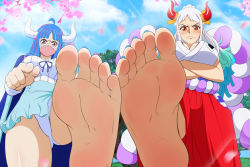 Rule 34 | 2girls, absurdres, angry, barefoot, crossed arms, feet, foot focus, from below, highres, multiple girls, one piece, outdoors, pointing, pointing at viewer, soles, tagme, ulti (one piece), yamato (one piece), zorzero