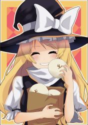 Rule 34 | ^ ^, bag, black dress, black hat, blouse, blush, braid, carrying bag, closed eyes, dress, food, grin, happy, hat, hat ribbon, highres, holding, holding bag, holding food, kirisame marisa, long hair, outline, puffy short sleeves, puffy sleeves, ribbon, shirt, short sleeves, single braid, smile, solo, touhou, upper body, user pgdy8837, white outline, white ribbon, white shirt, witch, witch hat