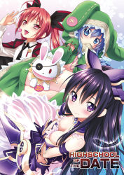 Rule 34 | 10s, 3girls, animal ears, black hair, blue eyes, blue hair, blush, breasts, rabbit, candy, cleavage, coat, cover, date a live, detached sleeves, food, hair ornament, hand puppet, hood, itsuka kotori, kannazuki genshi, lollipop, long hair, medium breasts, multiple girls, necktie, open mouth, ponytail, puppet, purple eyes, rabbit ears, red eyes, red hair, saliva, see-through, sleeveless, tears, tongue, twintails, yatogami tooka, yoshino (date a live), yoshinon